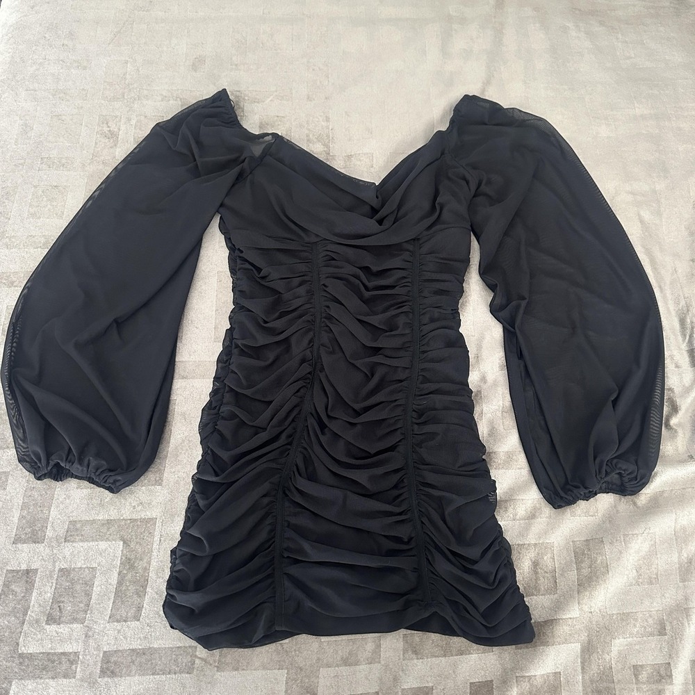 Princess Polly Dress Women 10 Blk Cowl Neck Ruched Bodycon Long Sleeve Mini Mesh